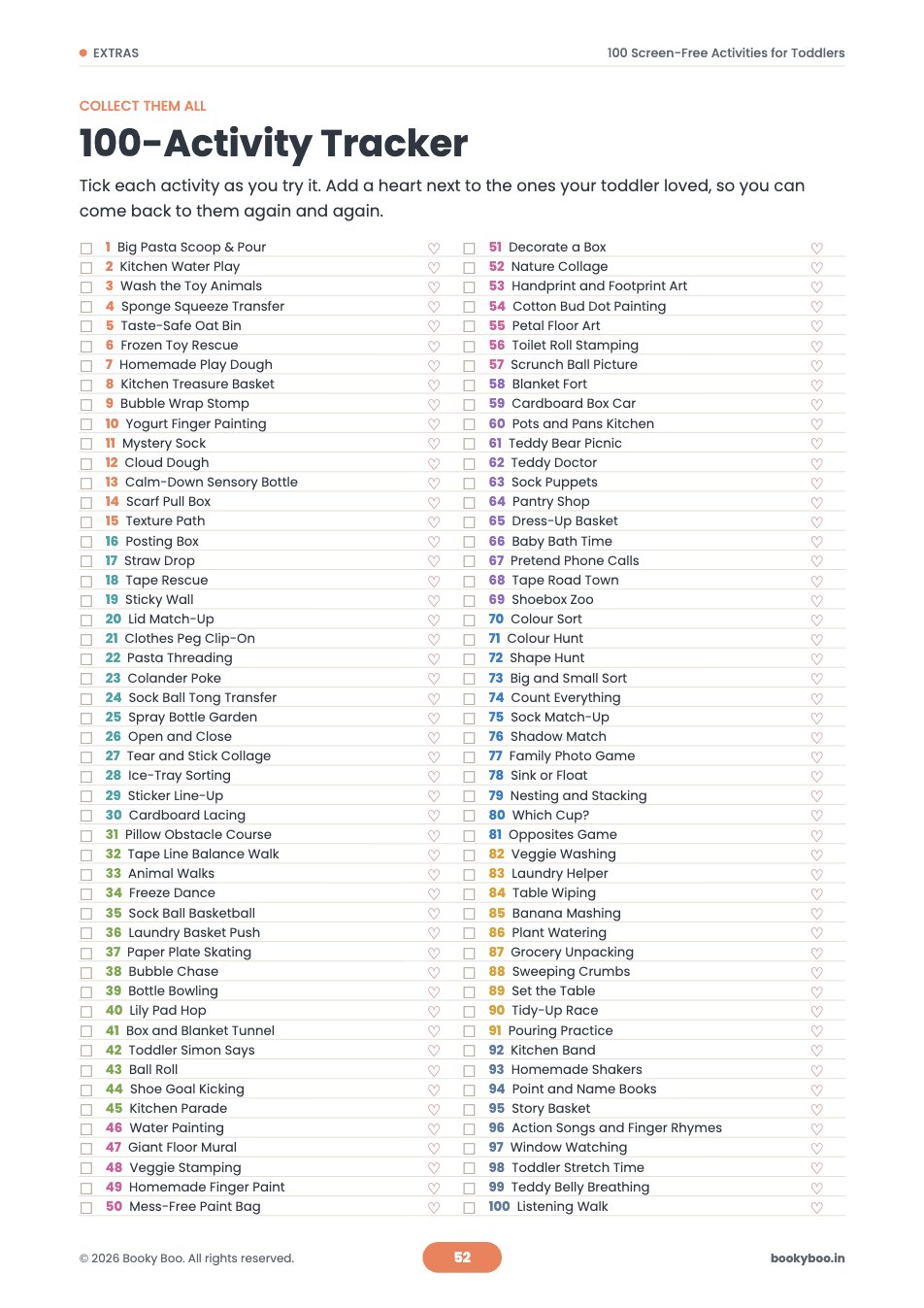 The 100-Activity Tracker page from the book, listing all 100 activities with tick boxes and hearts